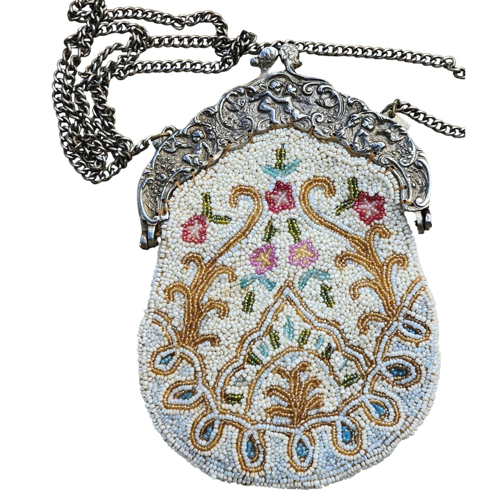VTG Beaded Drama Essentials Purse Floral Seed Cherub W/ Attached Mirror READ